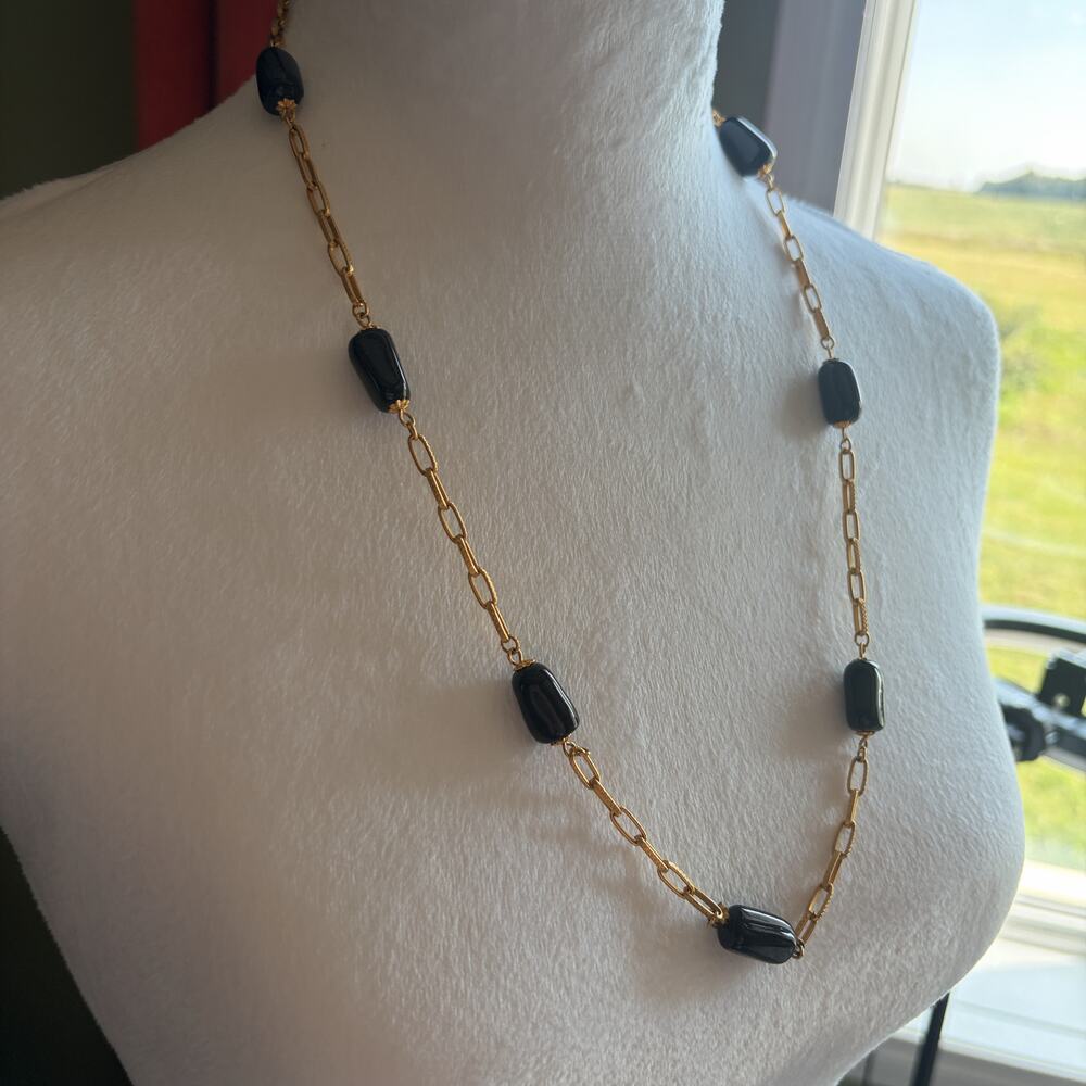 Vintage 70s Minimalist Gold Tone Black Bead Necklace Long Link Chain 80s Minimal